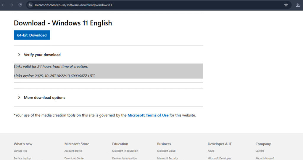 Click 64-bit Download and Windows 11 installation file will now start downloading