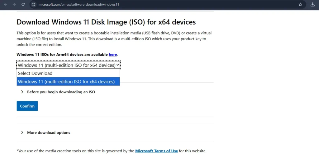 Select Windows 11 (multi-edition ISO for x64 devices) Download