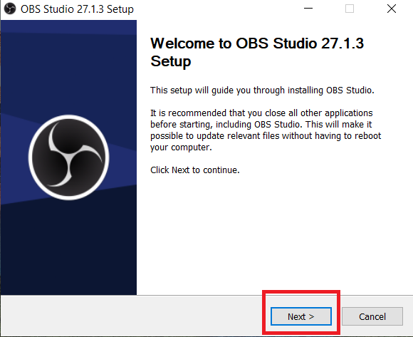 obs studio start installation screenshot