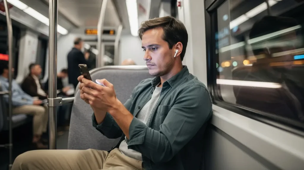 A person is sitting at a desk, wearing headphones and focused on their laptop, where they are watching short vertical videos, reminiscent of YouTube shorts. The scene captures the essence of engaging with digital content, perfect for offline viewing or downloading favorite shorts for later enjoyment.