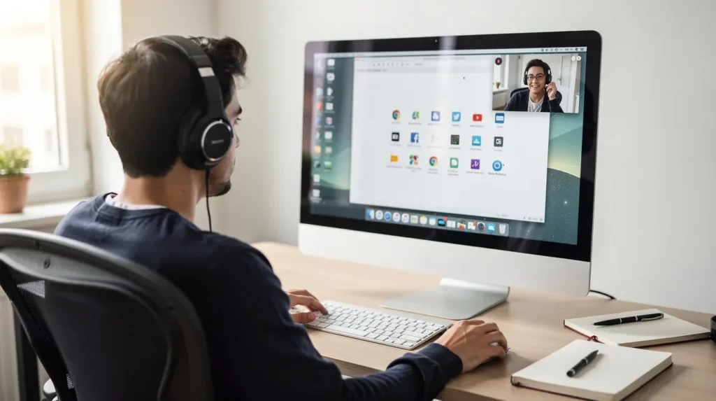 A person is sitting at a desk wearing headphones, actively recording their computer screen using a webcam, which is visible on the monitor. The setup suggests they are utilizing screen recording tools to create high-quality recordings, possibly for tutorials or presentations.