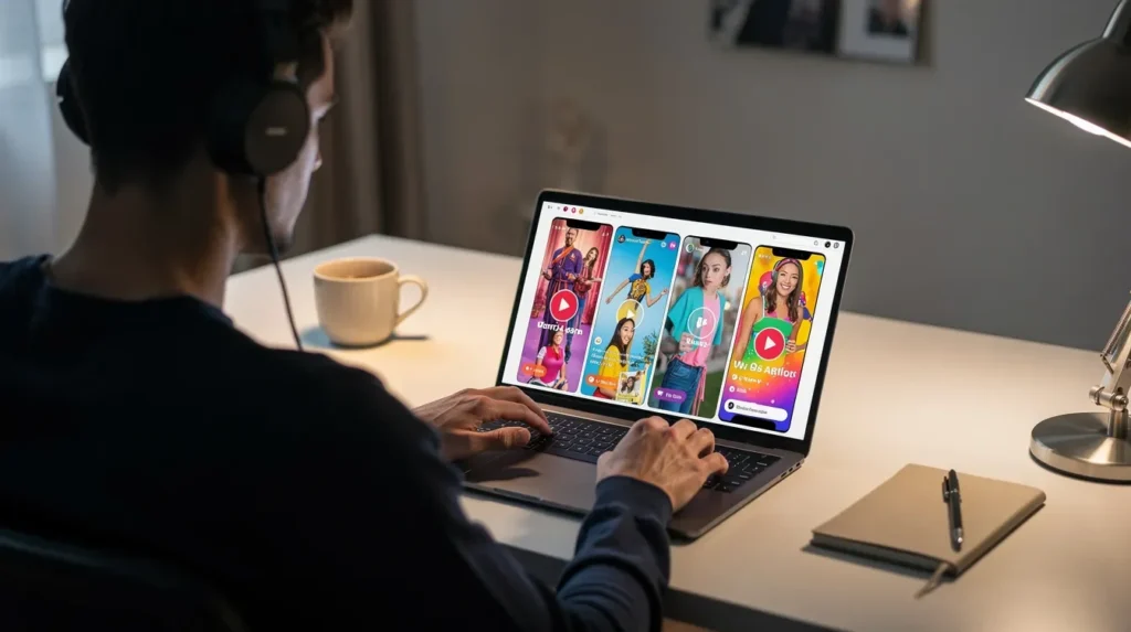 A person is sitting at a desk, wearing headphones and focused on their laptop, where they are watching short vertical videos, reminiscent of YouTube shorts. The scene captures the essence of engaging with digital content, perfect for offline viewing or downloading favorite shorts for later enjoyment.