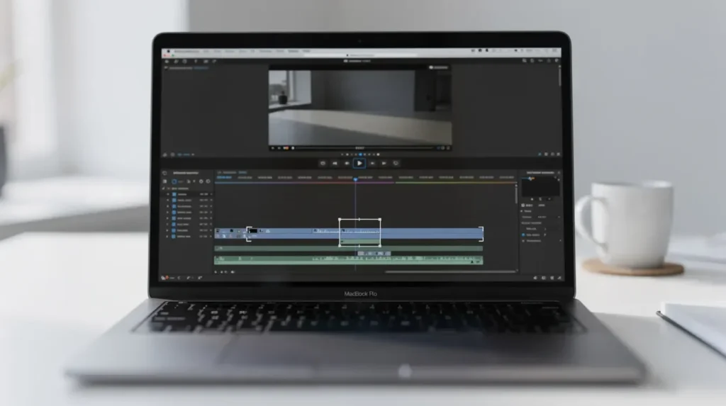 The image shows a laptop screen displaying a video editing timeline, featuring trim markers at both the beginning and end of a clip, illustrating the recording process with an intuitive interface for users. This setup is essential for managing saved recordings and highlights key points in the editing workflow.