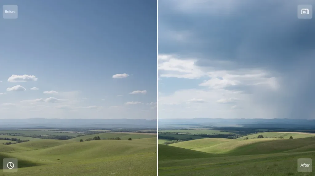 The image showcases a split-screen comparison of a landscape photo before and after the sky has been extended using AI tools, highlighting the advanced editing modes available in Adobe Photoshop Elements 2026. The left side features the original photo, while the right side displays the enhanced version with a more expansive sky, demonstrating the power of generative fill for creating stunning visuals.