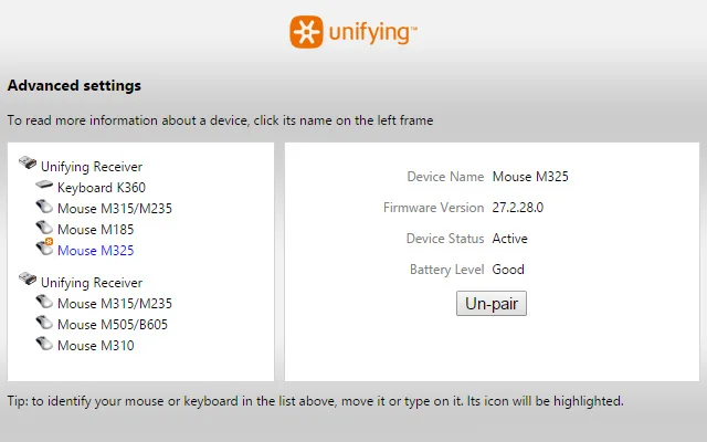 Logitech Unifying Software screenshot