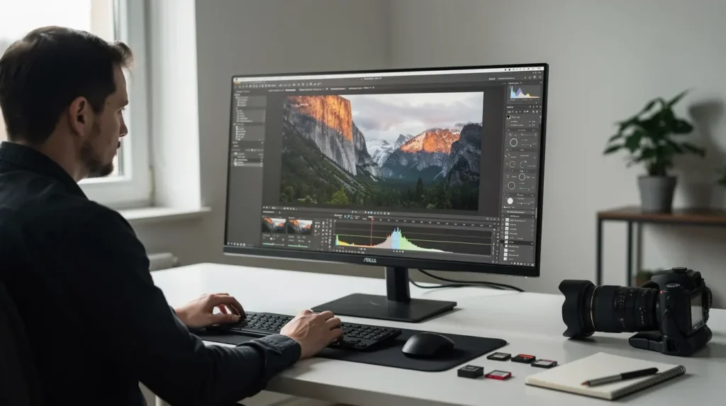 A photographer is focused on a modern desktop computer with a large monitor showcasing Adobe Photoshop Elements 2026, where advanced editing modes and new features are being utilized for photo editing. The screen displays various tools for tasks like removing backgrounds and applying artistic effects to enhance images.